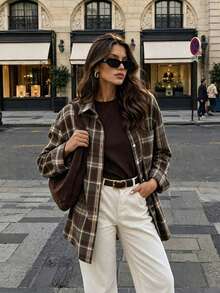 Plus Size Women's Plaid Long Sleeve Single-Breasted Casual Shirt - Brown - View 6