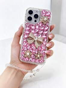 適用於 iPhone 14 17 18 Pro Max、Galaxy S25 S26 Ultra 的手機殼，粉色水鑽蝴蝶結裝飾附鏈條，閃亮水晶手機保護殼，甜美派對配件，適合女性女孩 - 粉色+掛繩 - 查看 4