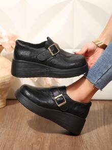Women's Leather Thick Sole Wedge Loafers With Metal Square Buckle Decor, Round Toe, Comfortable Slip-On Casual Shoes For Home - Black - View 3