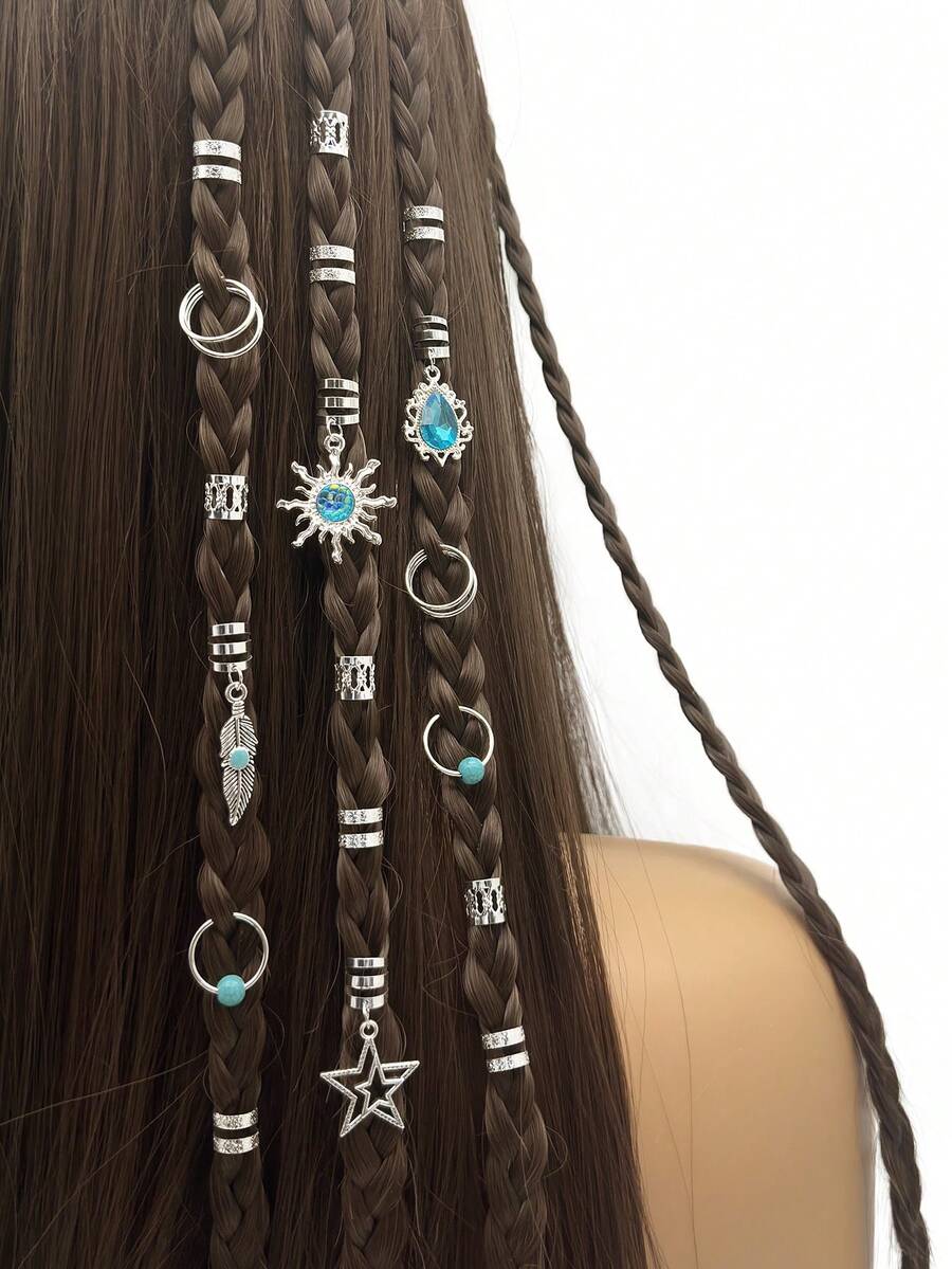 46件套 綠松石吊墜辮子珠髮環，波希米亞風女性編髮飾品，辮子髮飾珠寶