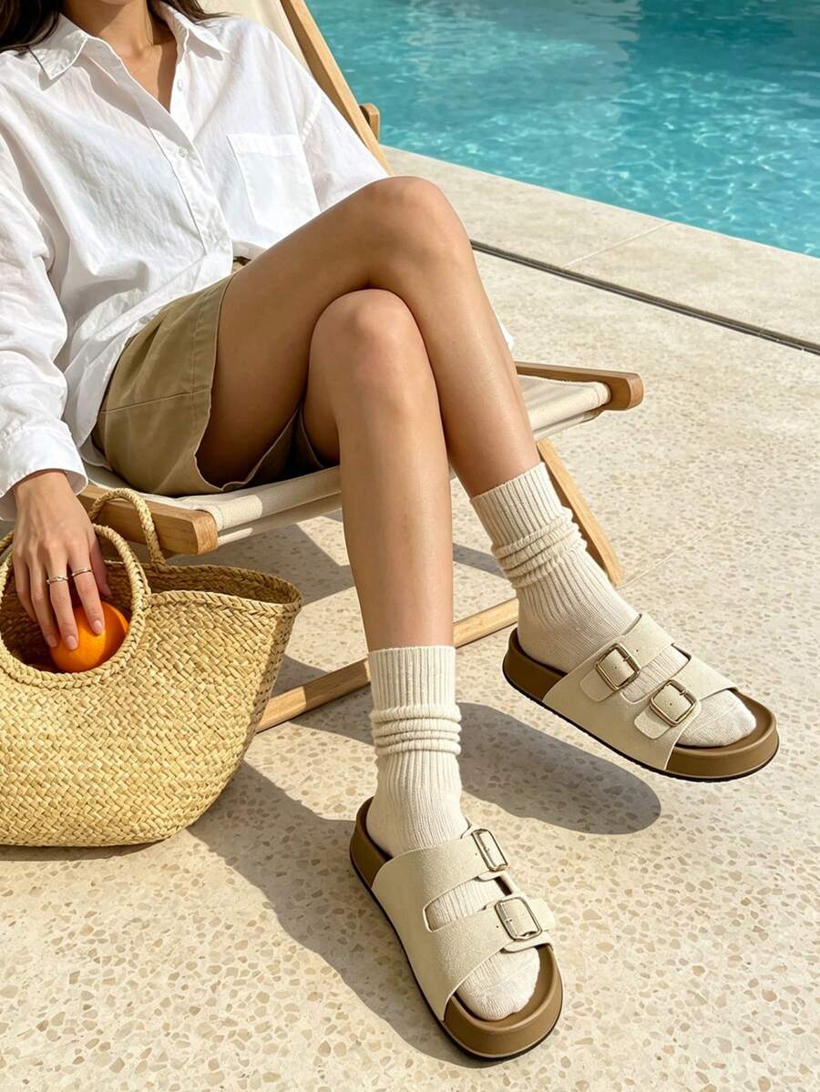 Women's Double Strap Adjustable Buckle Thick Sole Slides, Beige Matte Upper, Casual Commute Outdoor Wear, Versatile Slip-On Comfortable Easy-To-Wear - White - View 1