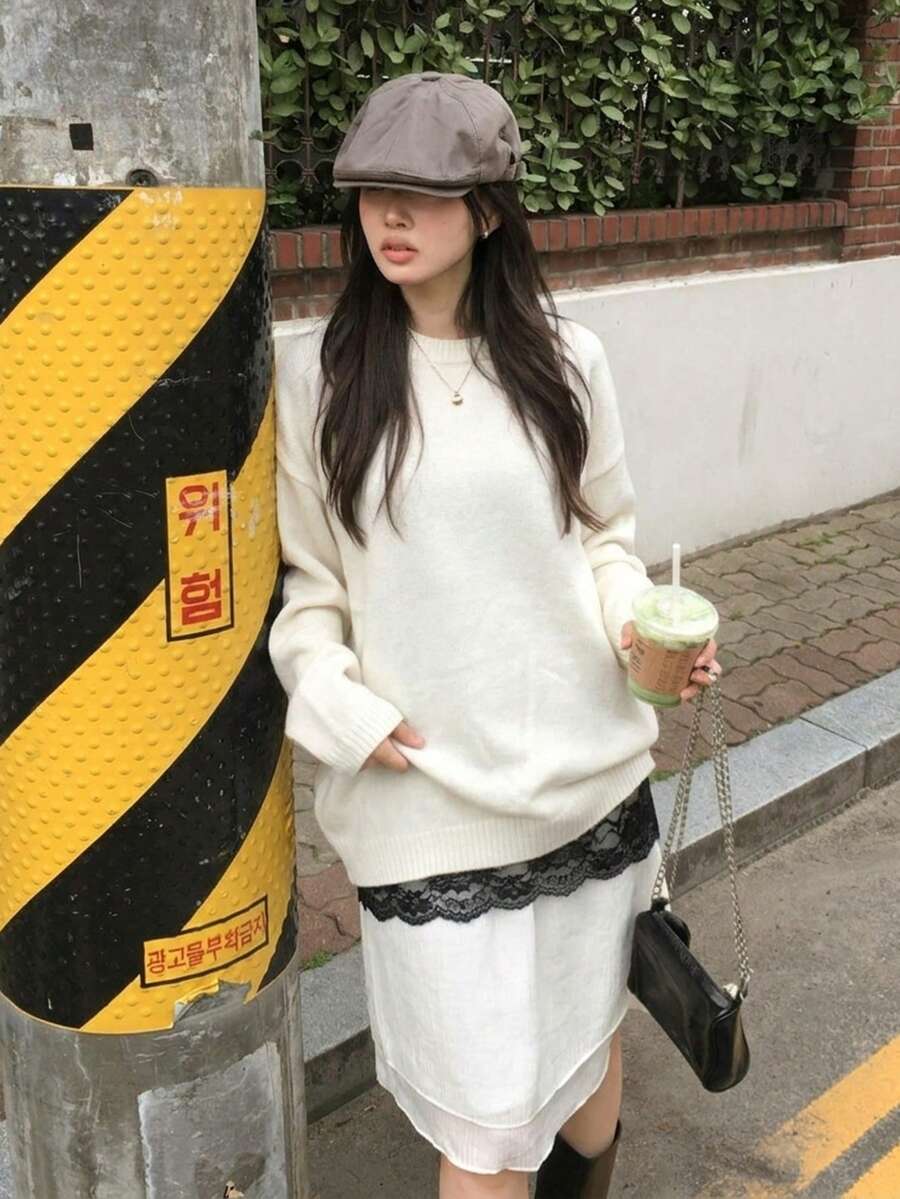 女款米色寬鬆羅紋圓領針織毛衣,長袖套頭衫,柔軟彈性保暖,秋冬休閒穿搭必備 - 杏色 - 查看 1