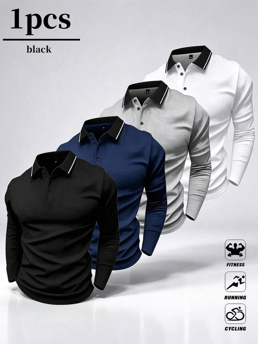 Men's Spring/Autumn Polo Shirt, Business Casual Fashion Gentleman Style, Long Sleeve With Turn-Down Collar - Black - View 1