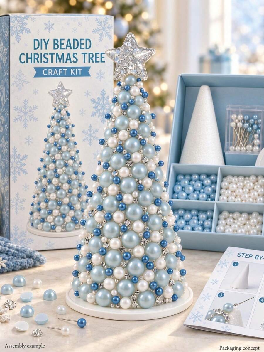 1pc DIY Beaded Christmas Tree Kit – Gold And White Pearl & Crystal Bead Craft Set; Handmade Tabletop Christmas Decoration For Home Mantels, Festive Craft Gifts, And Christmas Presents. - Multiple Styles - View 1