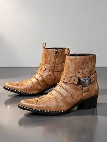 QRLQRL Men's Vintage Western Style Ankle Boots, Rivet Metal Buckle Wrinkled Texture Side Zipper Boots, Outdoor Travel Street Fashion Boots, Autumn/Winter - Brown - View 2