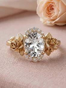 1 buah Cincin Batu Permata Putih Mewah Berlapis Emas 18K, Cincin Batu Tengah Oval Berukir Mawar, Hadiah Pesta Liburan yang Istimewa untuk Wanita - Yellow Gold - View 6
