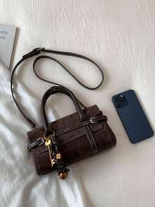 Handbag With Square Small Body, Paired With Double Short Handles, Decorated With Leather Straps And Metal Rings, Hanging Key Bell Shaped Charm, Comes With Detachable Long Shoulder Strap. Can Store Phone, Lipstick And Other Personal Items Inside, Two Carrying Ways: Handheld And Crossbody, Vintage Cargo Style Style, Suitable For Daily Outings - Coffee Brown - View 6