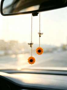 1pc Resin Sunflower Pendant With Bee Decor, Car Rearview Mirror Hanging Ornament, Car Interior Decoration Accessory, Car Decor - A - View 3
