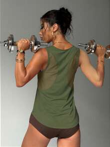 Sport Studio Solid Color Hollow Back Sports Tank Top, Fitness Tank Top, Gaming Set Tank Top - Army Green - View 6