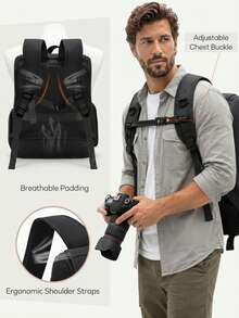 NEWHEY Ransel Kamera Pria, Tas Kamera Laptop 15,6 Inci Tahan Air, Ransel Fotografi DSLR Kapasitas Besar dengan Dudukan Tripod dan Sekat yang Dapat Dilepas - Hitam - View 3