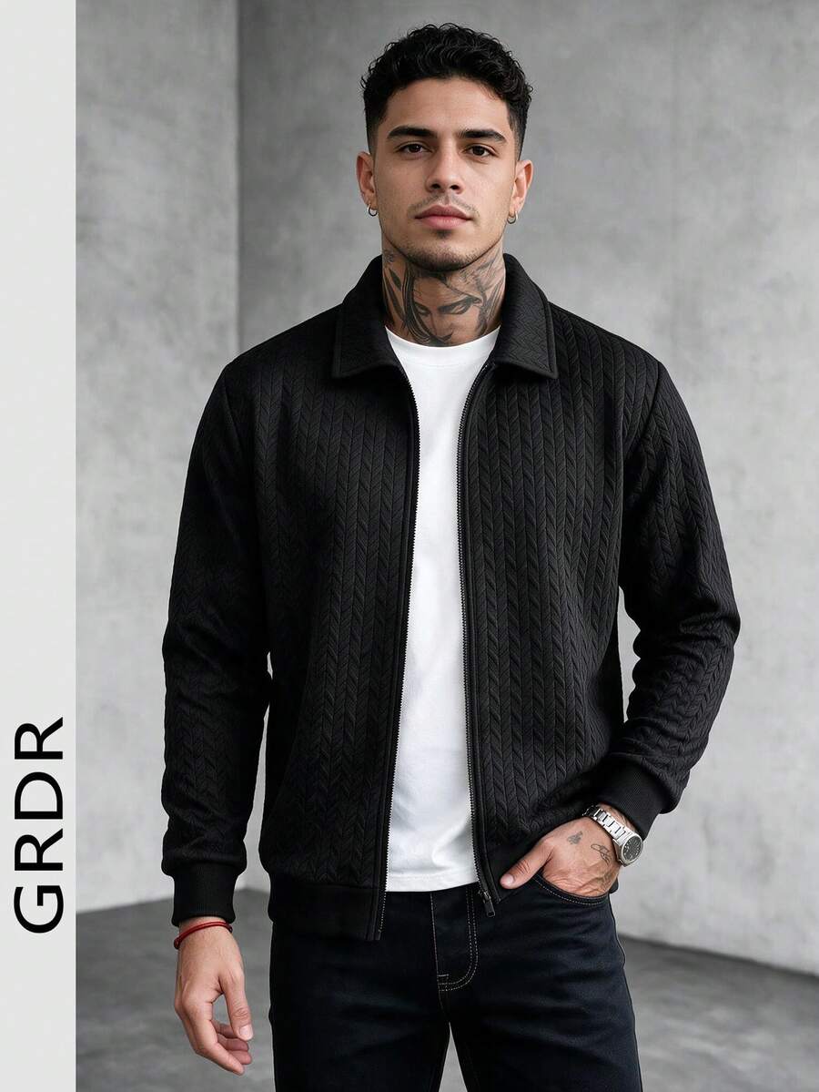 GRDR Solid Color Textured Lapel Zip-Up Men's Vintage Casual Knit Cardigan - Black - View 1