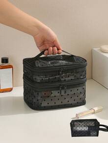 1pc Mesh Makeup Bag Double Layer Heart Pattern Large Capacity Storage Bag Fashion Toiletries Cosmetic Bag - Black - View 3