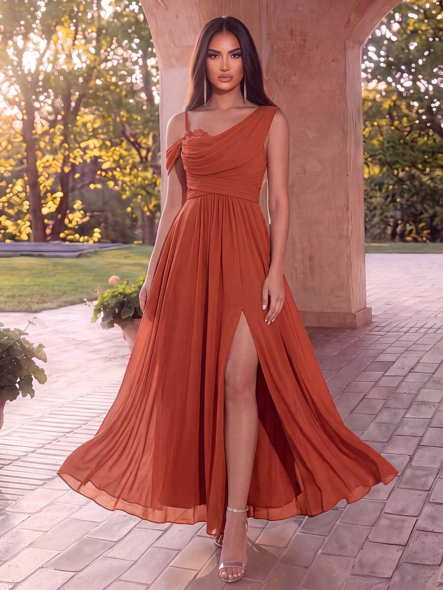 Elegant Romantic Bridesmaid Maxi Dress, Asymmetric One Shoulder Draped Neckline, Suitable For Autumn Vacation Party Wedding Guest Attire