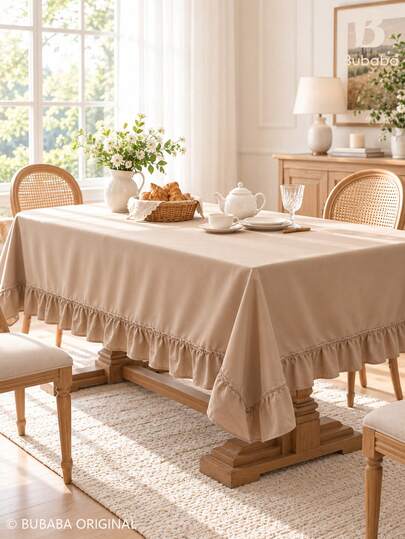 Bubaba Beige Ruffle Edge Tablecloth, Solid Color Rectangular Tablecloth, Elegant Ruffle Edge, Farmhouse Style Kitchen, Dining Room, Party And Daily Home Decor