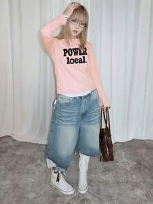 Niche Design Polka Dot & Letter & Star Print Light Pink Short Long Sleeve T-Shirt, High Waist Slimming Autumn Base Layer - Pink - View 6
