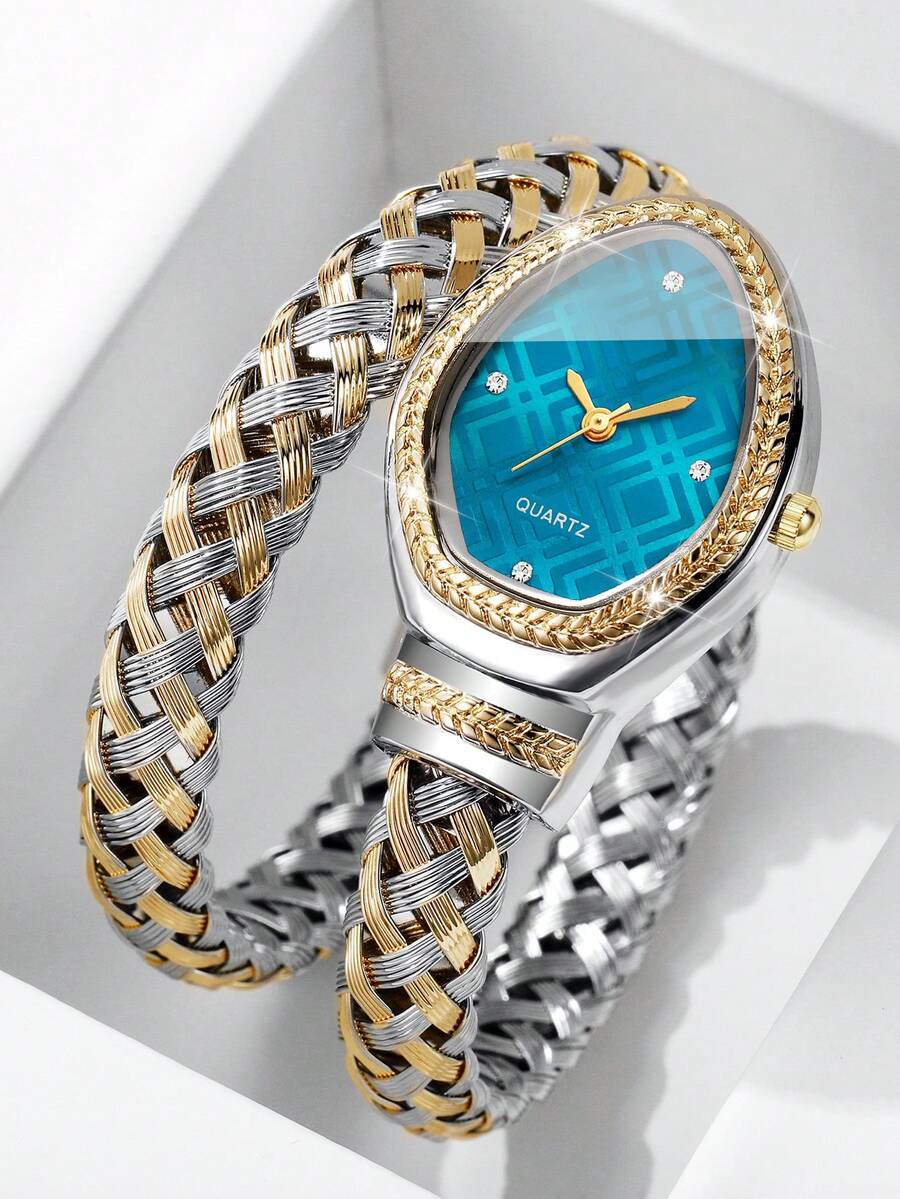 Women's Luxury Rhinestone Snake-Shaped Bracelet Watch, Woven Metal Double-Loop Band With Rhinestone Plaid Dial, Niche Fashion Quartz Wristwatch (1pc/Set), Watch Box Not Included - Multicolor - View 1