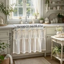 1pc Striped Half Curtain Cabinet Lace Strap Kitchen Cover Curtain No Punching Coffee Machine Door Curtain - Multicolor - View 2