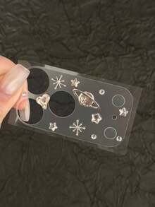 1pc Luxury Shiny White Heart Rhinestone Planet 3D Starry Sky Transparent Frosted Camera Lens Protector, Planet Star Heart Pearlescent Phone Camera Cover, Cute Girl Phone Accessory - White - View 9