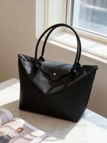 Black Minimalist Versatile Casual Solid Color Large Zipper Large Capacity Shoulder Tote Bag, Suitable For Women, Ideal For Shopping, Vacation, Work, Commuting, Business - Black - View 6