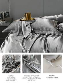 2/3 pièces Ensemble de housse de couette de couleur unie, housse de couette minimaliste, linge de lit d'été pour dortoir, drap de lit assorti Twin XL, fermeture éclair avec quatre liens aux coins, décoration de maison douce et confortable pour toutes les saisons, Twin/Queen/King 1 pièce housse de couette + 1/2 pièces taies d'oreiller - Gris - Voir 7