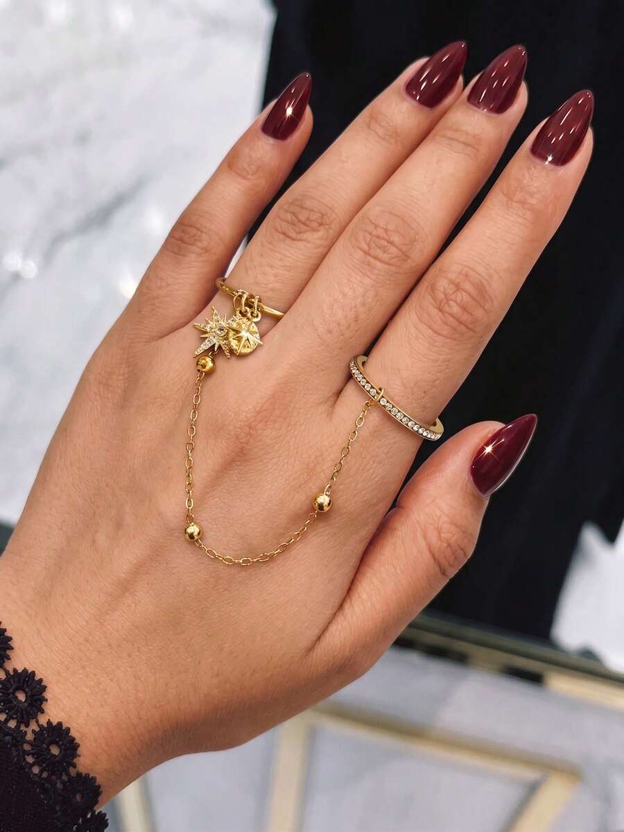 Cincin Emas, Liontin Bintang Berujung Delapan Emas dengan Rantai, Cincin Ganda Jari, Rantai Manik Bulat Dekorasi Bintang Berlian Imitasi, Cincin Mewah Bergaya Vintage, Cocok untuk Sehari-hari, Kencan, Liburan, Ulang Tahun Pernikahan, Hadiah Ulang Tahun, Aksesori Fesyen Wanita - Emas - View 1