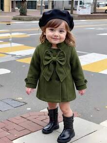 1pc Baby Girl Cute 3D Bow Small Stand Collar Long Sleeve Overcoat Spring Autumn Elegant - Dark Green - View 1