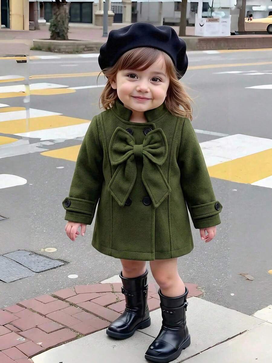 1pc Baby Girl Cute 3D Bow Small Stand Collar Long Sleeve Overcoat Spring Autumn Elegant - Dark Green - View 1