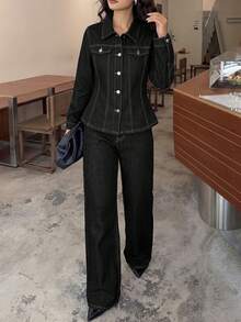Women's New Solid Color Washed Denim 2-Piece Set, Includes Lapel Button Front Jacket And Wide Leg Jeans, Casual Non-Stretch Fashion Style - Dark Wash - View 4