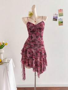 Halloween Dark Rose Ditsy Floral Spaghetti Strap Dress For Women, Heart Neckline Layered Ruffle Mesh Mini Skirt, Vintage Vibe Party Outfit - Multicolor - View 4