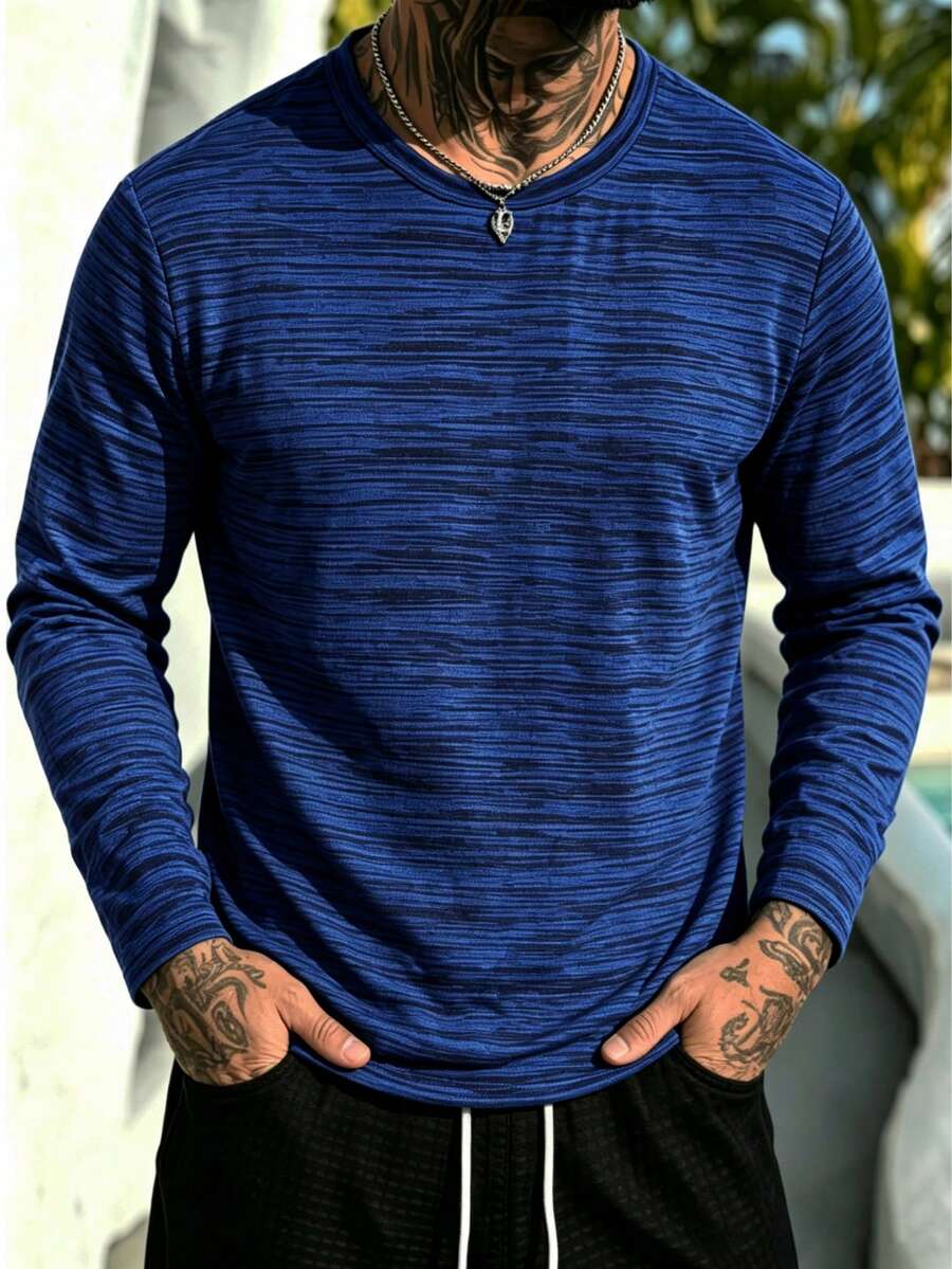 Men's Long Sleeve T-Shirt, Textured Design, Fitness Running Top - Blue - View 1