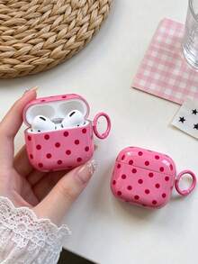 Exquisite Pink Polka Dot Earphone Case, Smooth Glossy Hard Shell, With Portable Keychain, Anti-Drop Full Coverage Wireless Earphone Protective Cover, Cute Girly Style Earphone Decoration, Suitable For School And Travel - Rose Red - View 2