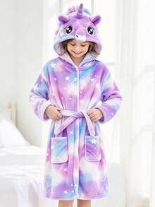 Tween Girl Purple Starry Sky Unicorn Long Sleeve Hooded Pajamas Bathrobe - Multicolor - View 11