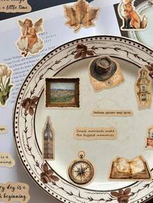 60pcs European Vintage Scrapbook Stickers, Retro Aesthetic Decorative Temporary Material Stickers, Suitable For Planner, Scrapbook, DIY Crafts, Waterproof Decorative Stickers, Can Be Used For Laptop, Notebook, Gift Wrapping - Multicolor - View 8