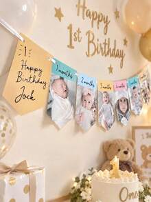 Personalized 1st Birthday Photo Banner, Customized Name Monthly Milestone Hanging Flag, Growth Timeline Banner, 1st Birthday Party Backdrop Decoration, Customized Photo Birthday Gift, Party Photo Booth And Celebration Wall Hanging Garland - Multicolor - View 9