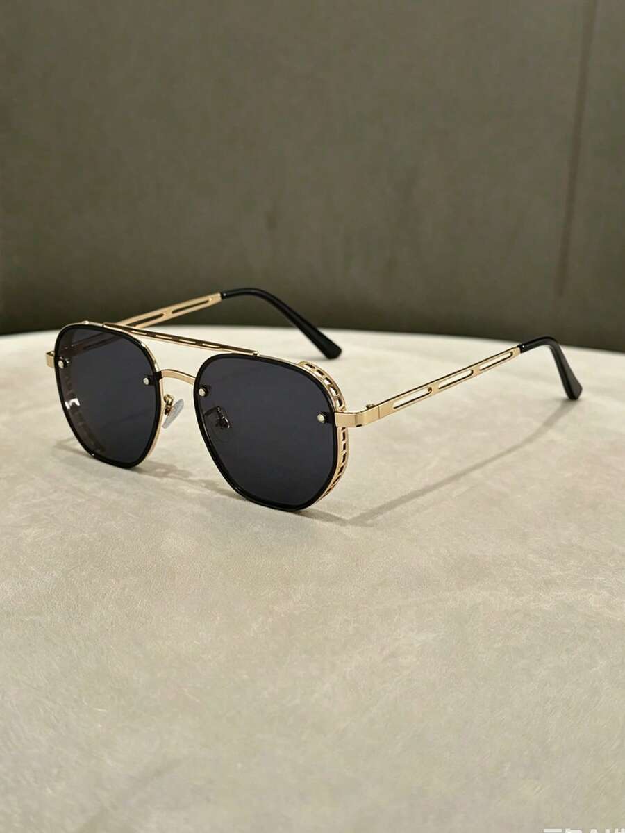 1pc Women's Double Beam Metal Frame Chain Temple Fashion Glasses - Gold - View 1