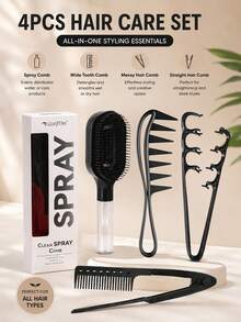 4pcs Hair Comb Set, 2-In-1 Spray Comb, Anti-Static Wide Tooth Comb, Detangling Comb, Straightening Comb, Moisturizing Comb, Suitable For All Hair Types, Women's Hair Accessories, Hair Care Products, Hair Styling Tools, Salon Equipment - Multicolor - View 5