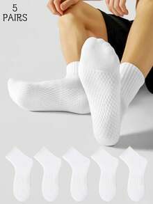 5 Pasang Kaos Kaki Pendek Pria, Sol Bertekstur Sarang Lebah, Manset Bergaris Elastis Tinggi, Kaos Kaki Olahraga Harian yang Bernapas - Putih - View 6