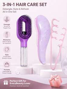 3Pcs Women's Hair Styling Tool Set, Includes Refillable Spray Comb, Anti-Static Detangling Comb, And Volumizing Styling Comb. Designed To Moisturize, Detangle, And Create Voluminous Hairstyles, Suitable For Salon, Home, Travel, And Vacation Use - Multicolor - View 2