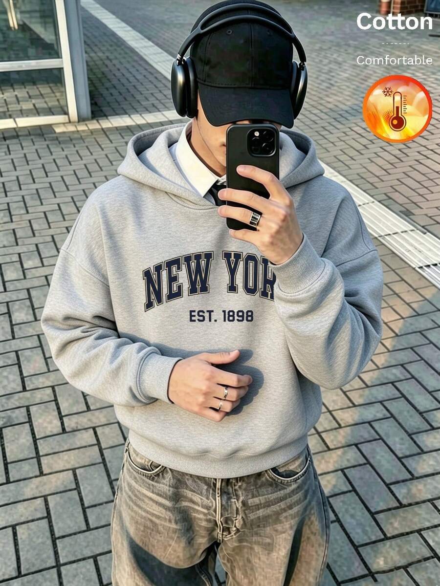 Herr hoodie i fleece med NEW YORK EST.1898 bokstavstryck, Y2K-stil, höst/vinter - blomma grå - Visa 1