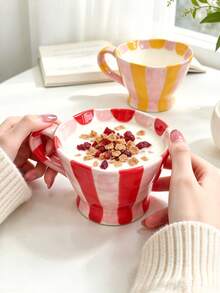 1pc Hand Painted Striped Ceramic Mug, Wavy Rim Large Capacity Coffee Cup, Cute Colorful Breakfast Mug For Milk Oatmeal, Home Kitchen Drinkware - Multicolor - View 9