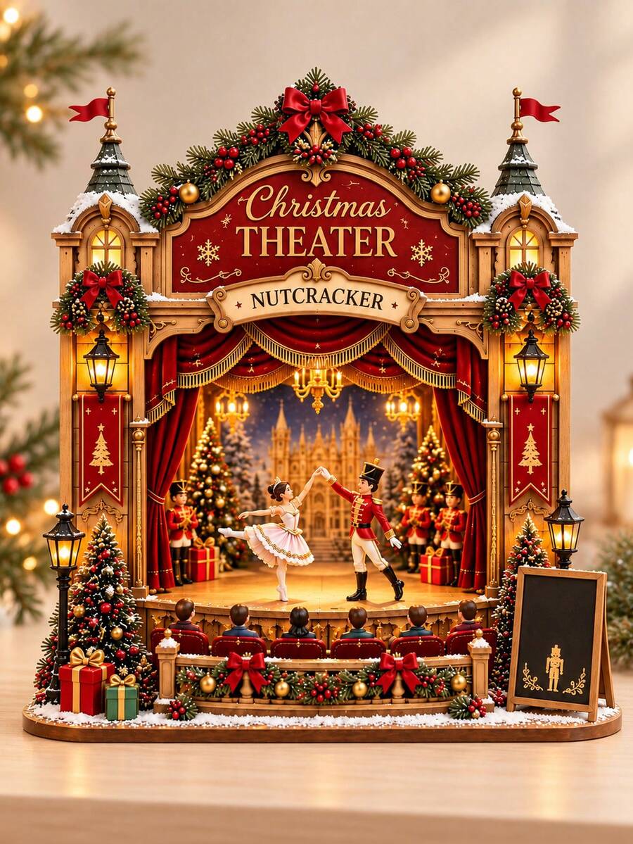 2D Christmas Nutcracker Theater Decor, Cozy Holiday Theater Desktop Ornament, Rustic Winter Bookshelf Decoration, Ballet Lover Gift, No Power Light - F - View 1
