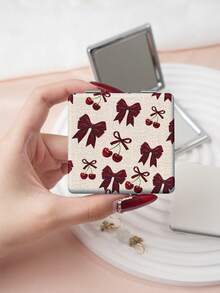 1PC Millennium Y2K Series Portable Vanity Mirror, Foldable Lightweight Ultra-Thin Convenient Hand Mirror, PU Leather, Suitable For Multiple Scenarios And All People, Foldable Small Square Mirror, Pocket Mirror, Cartoon Bow Rose Cherry Letter Print Pattern Design, Exquisite Handheld 180° Flip Cover Multi-Function Mini Mirror - Multicolor - View 6