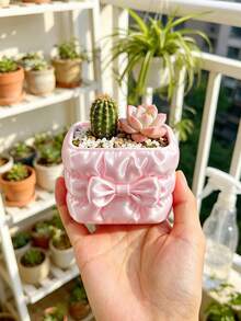 Satin Bow Square Flower Pot, Faux Fabric Pleated Texture, Creative Ins Style Succulent Small Planter, Desktop Greenery Potted Plant Container, Highly Attractive Office Window Sill Decorative Ornament - Multicolor - View 5