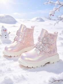 1 Pair Girls' Princess Ankle Boots, Pearlescent Glitter + Color-Changing Material, Round Toe, Elastic Soft Sole, Double Hook-And-Loop Closure, Fashionable Elegant Boots, Suitable For Festivals, Parties, School, Autumn/Winter New - Pink - View 3