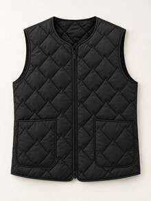 Men's Lightweight Quilted Zip-Up Vest, Round Neck Sleeveless Solid Color With Pockets, Wearable As Outerwear Or Layering Piece, Autumn/Winter - Black - View 2