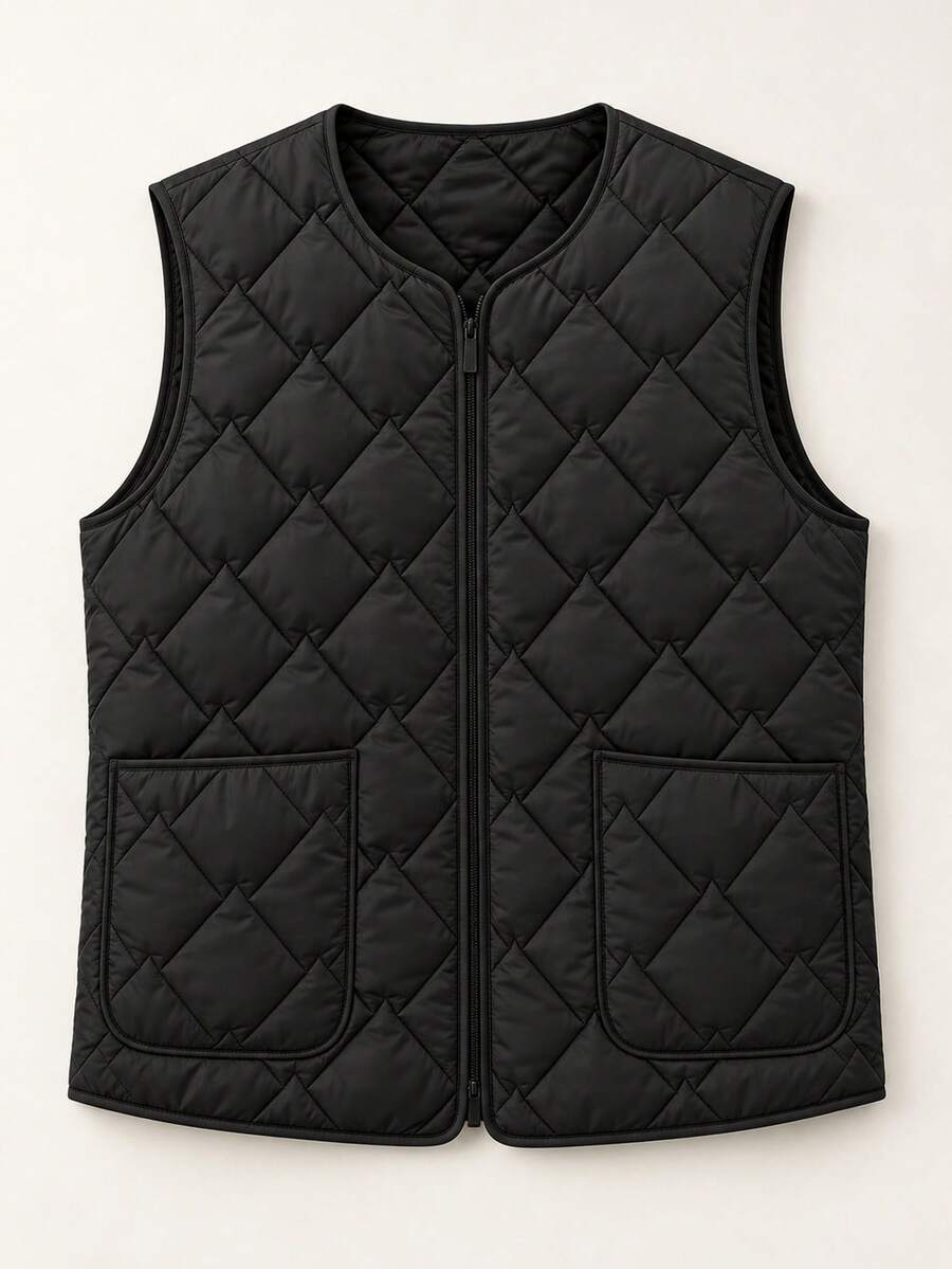 Men's Lightweight Quilted Zip-Up Vest, Round Neck Sleeveless Solid Color With Pockets, Wearable As Outerwear Or Layering Piece, Autumn/Winter