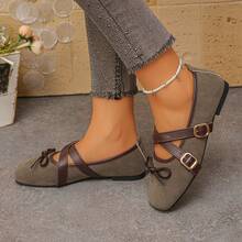 Women's Mary Jane Flats, Square Toe Grey, Cross Strap Bow, Spring/Autumn, Soft & Breathable, Casual Commute Shoes - Grey - View 5