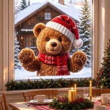1pc Cute Fluffy Teddy Bear Waving Window Sticker, Christmas Static Cling Window Decal, Double-Sided Visible, No Residue, Suitable For Bedroom, Living Room, Cafe, Holiday Window Decoration 2D Flat - one-size - View 3