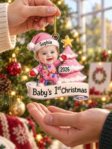 1pc Custom Baby's 1st Christmas Photo And Text Ornament, Personalized Glitter Santa Baby Outfit Keepsake Gift,Newborn First Christmas Memory - Multicolor - View 6