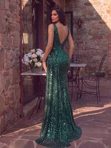 Women's Romantic Sleeveless Boat Neck Sequin Long Dress With Slit Hem And Zipper Detail, Suitable For Evening Party - Dark Green - View 2